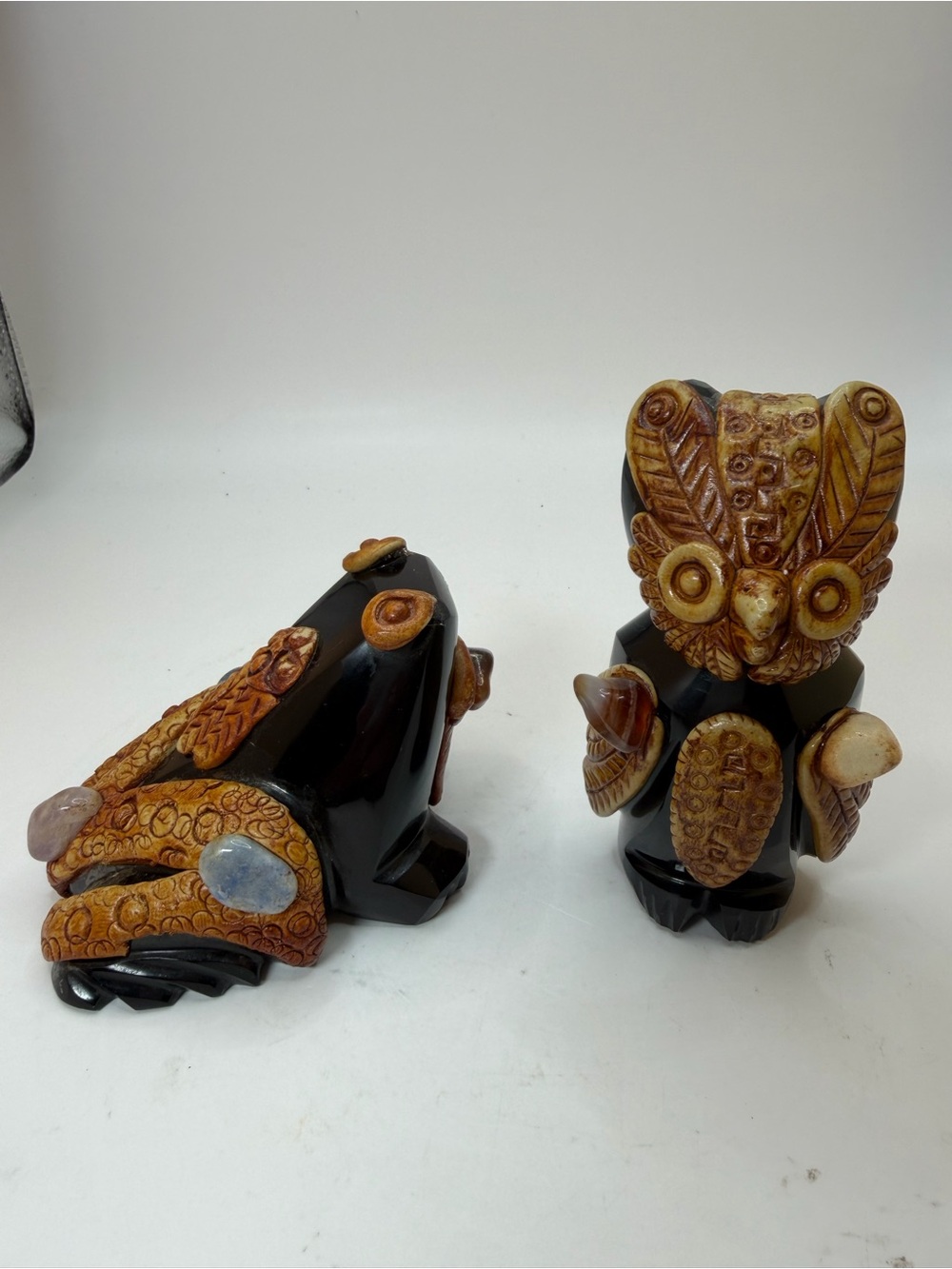 Obsidian Carved Frog and Owl with Stone Accents. Made in Mexico